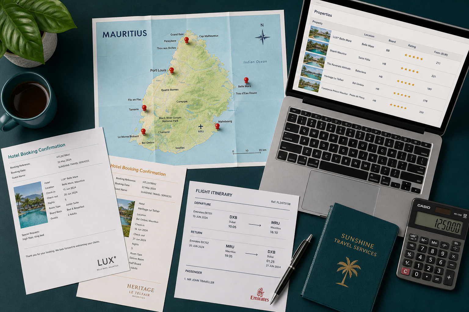 Travel agent workspace with Mauritius map, booking confirmations, and property inventory listings